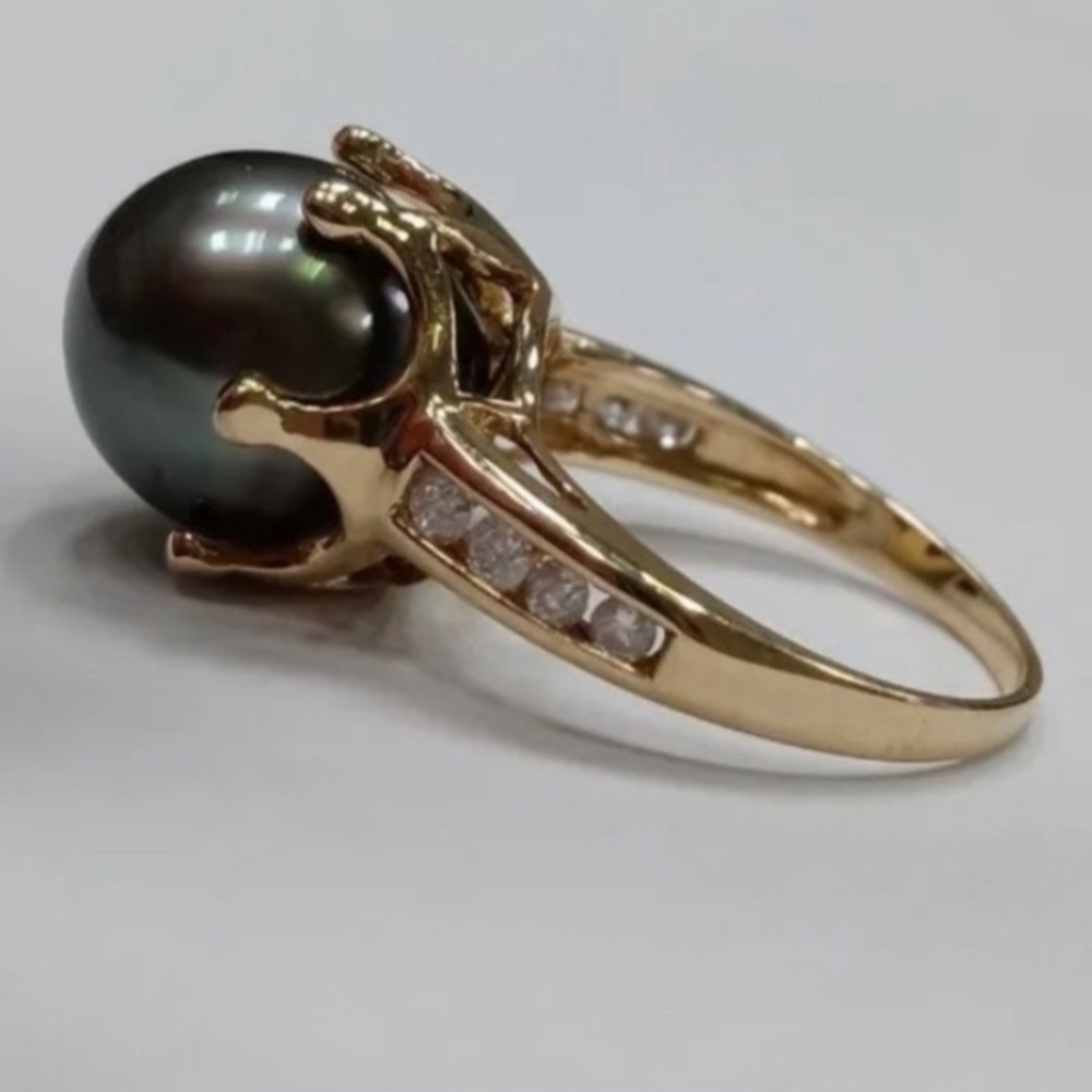 *Majestic* Estate HUGE 12mm Tahitian Pearl & Diamond 14K YG Ring Sz 6
